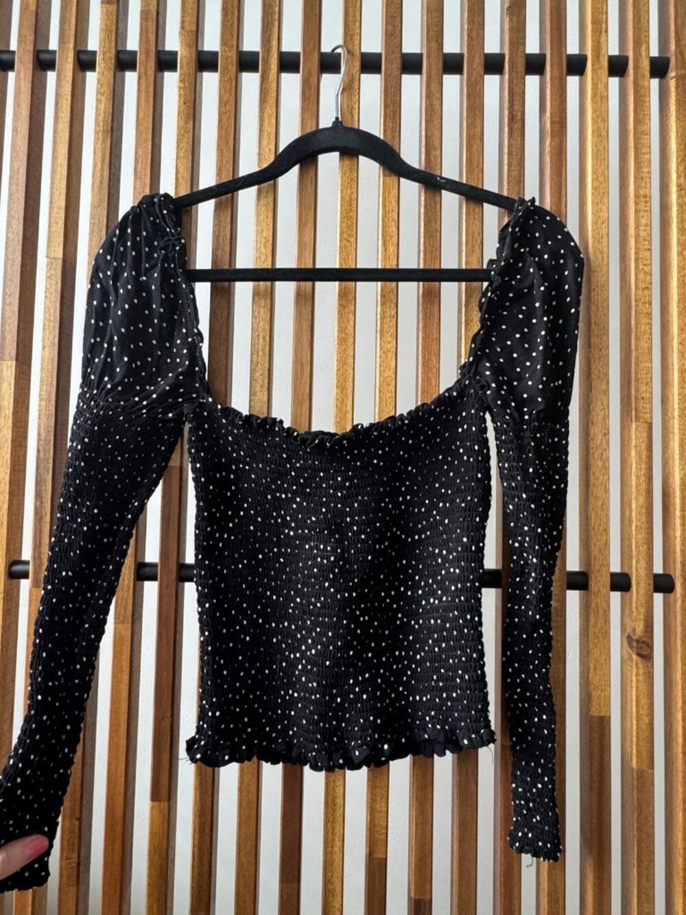 Reformation Black Polka Dot Smocked Long Sleeve Top